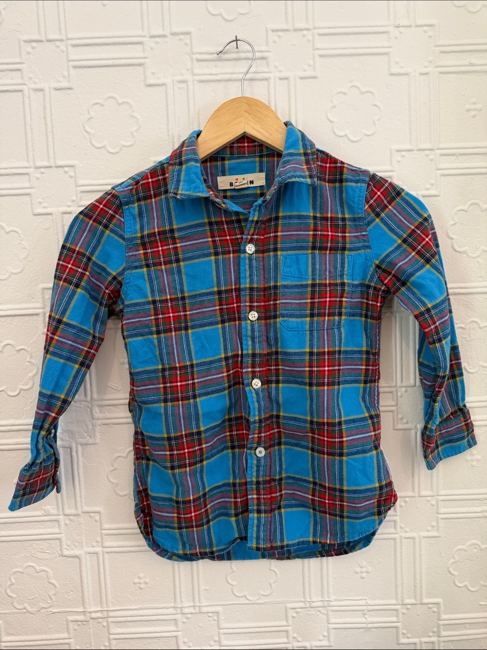 Mini Boden Bright Blue and Red Plaid Button-Down Shirt